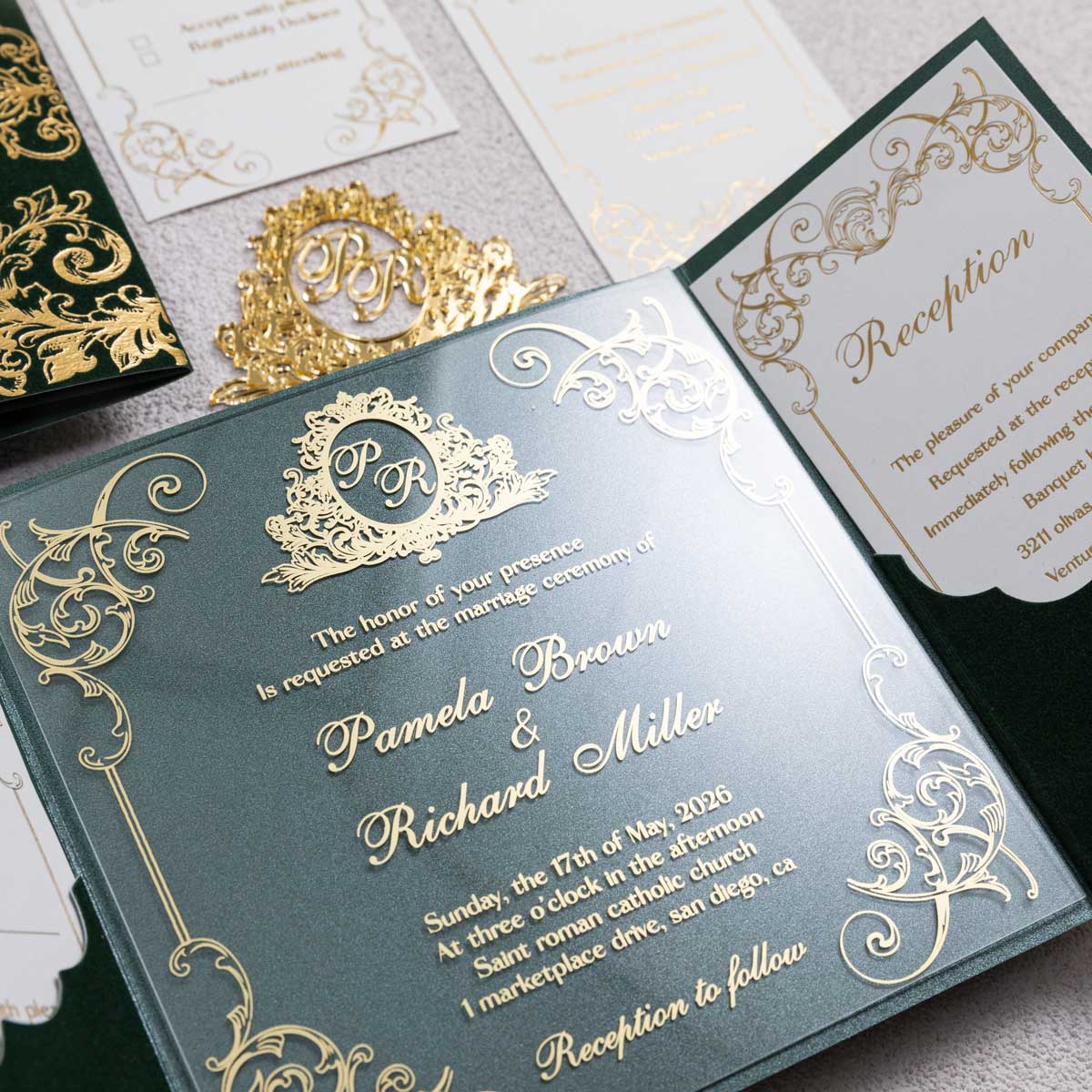 Luxurious Foil Velvet Pocket Fold Acrylic Invitation Suite + Tag