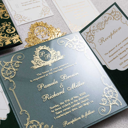 Luxurious Foil Velvet Pocket Fold Acrylic Invitation Suite + Tag