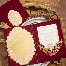 luxurious wedding invitation suite featuring a gold mirror die-cut acrylic invitation, burgundy velvet pocket with foil and details cards