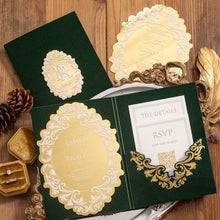 luxurious wedding invitation suite featuring a gold mirror die-cut acrylic invitation, emerald green velvet pocket with foil and details cards