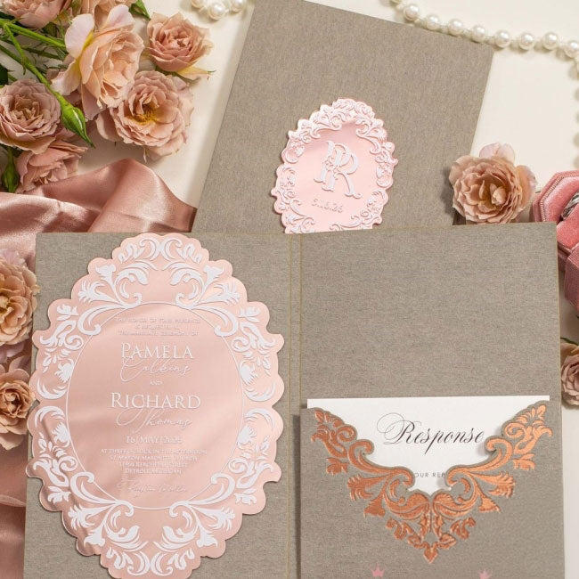 luxurious wedding invitation suite featuring a rose gold mirror die-cut acrylic invitation, grey velvet pocket with foil and rsvp card