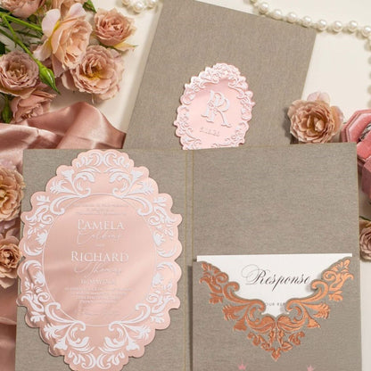 luxurious wedding invitation suite featuring a rose gold mirror die-cut acrylic invitation, grey velvet pocket with foil and rsvp card