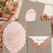 luxurious wedding invitation suite featuring a rose gold mirror die-cut acrylic invitation, grey velvet pocket with foil and rsvp card