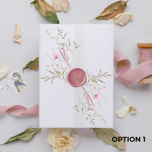 wild blooms pink vellum wrap jacket with wax seal 1