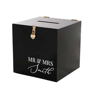 black acrylic wishing well box with white name decal