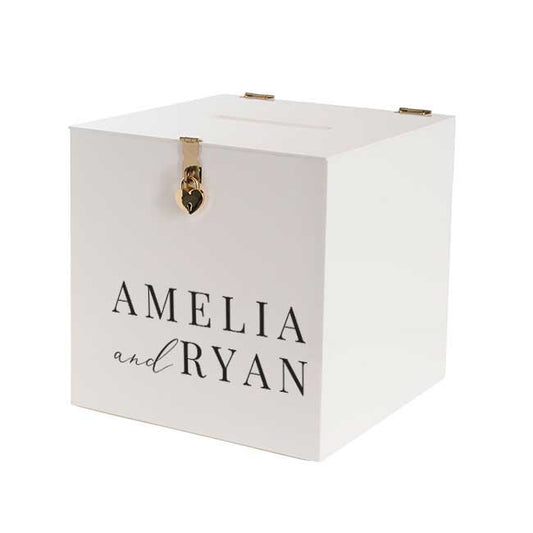 white acrylic wising well box closed with name