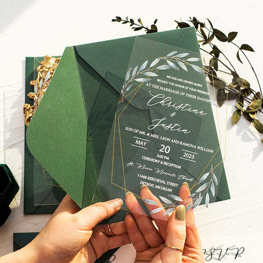 acrylic wedding invitation geometric botanical leaves