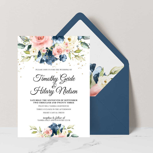 wedding invitation white blue flowers navy envelope