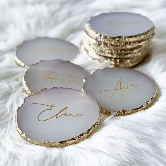 personalised white and gold agate coasters