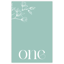 A vertical sage green baby wedding table card featuring a delicate white line art magnolia floral in the top left corner and the word 'one' in a white elegant serif font at the bottom, Aleisha Collection
