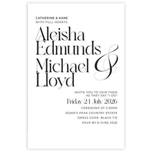 A minimalist black and white wedding invitation card with elegant typography.