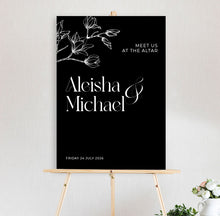 black and white welcome sign featuring a handdrawn magnolia flower, Aleisha Collection