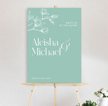 sage green welcome sign featuring a handdrawn magnolia flower, Aleisha Collection