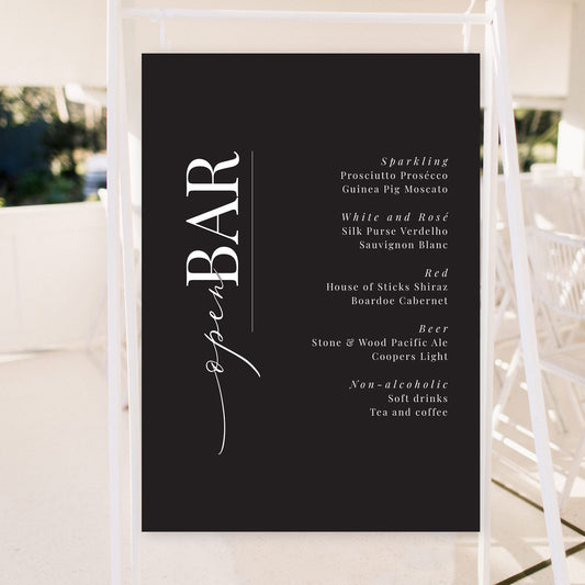 open bar sign black and white hanging