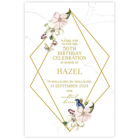 beautiful pink and white watercolour floral designed birthday invitation with a geometric gold border.