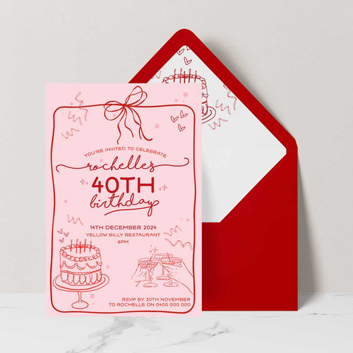 amore themed birthday invitation in pink red with red envelope and liner with cake and streamers