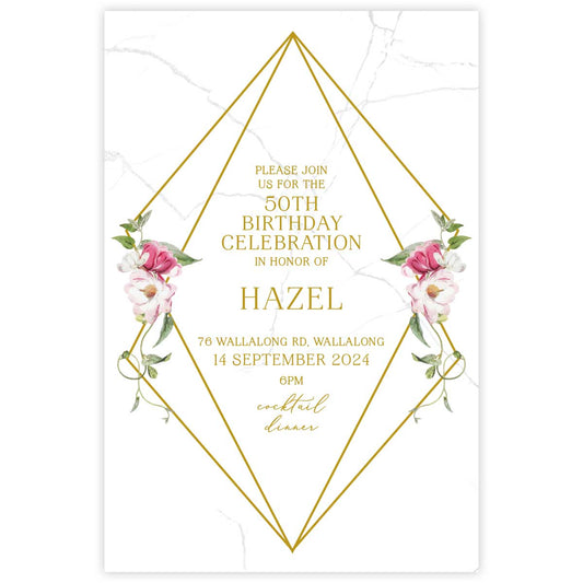 beautiful pink and white watercolour floral designed birthday invitation with a geometric gold border.
