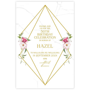 beautiful pink and white watercolour floral designed birthday invitation with a geometric gold border.