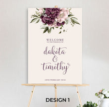 beautiful floral welcome sign Blushing Marsala Peonie featuring burgundy and dusty pink peonie florals sitting on timber easel
