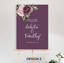 beautiful floral welcome sign Blushing Marsala Peonie featuring burgundy and dusty pink peonie florals