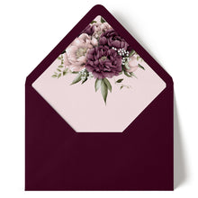 Blushing Marsala Peonie floral design on a burgundy envelope against a nude pink background