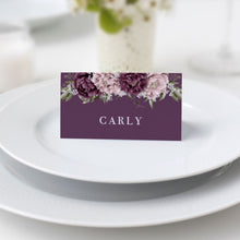 Blushing Marsala Peonie place card featuring burgundy and dusty pink peonie flowers on white background