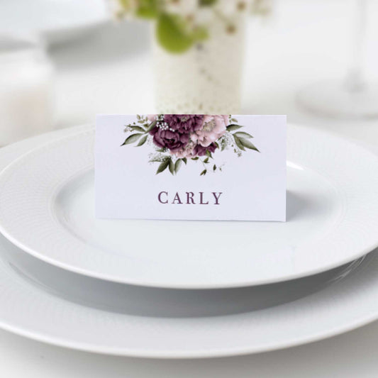 Blushing Marsala Peonie place card featuring burgundy and dusty pink peonie flowers on white background