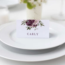Blushing Marsala Peonie place card featuring burgundy and dusty pink peonie flowers on white background