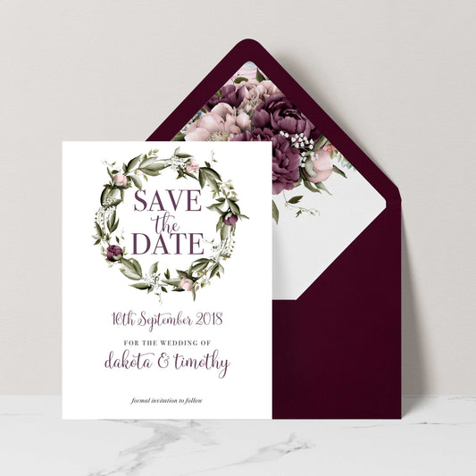 Blushing Marsala Peonie burgundy and dusty pink flower wreath Save the Date card, set with burgundy envelope and matching floral envelope liner