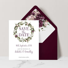 Blushing Marsala Peonie burgundy and dusty pink flower wreath Save the Date card, set with burgundy envelope and matching floral envelope liner