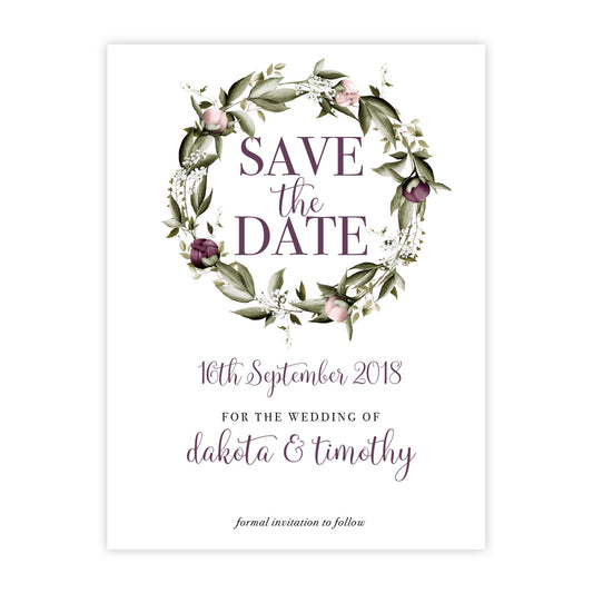Blushing Marsala Peonie burgundy and dusty pink flower wreath Save the Date card