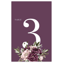 Blushing Marsala Peonie Table Card featuring burgundy and dusty pink peonie flowers with number and burgundy background