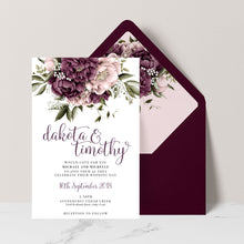 Blushing Marsala Peonie burgundy and dusty pink flowers placed at the top of the wedding invitation, set with burgundy envelope and matching floral envelope liner