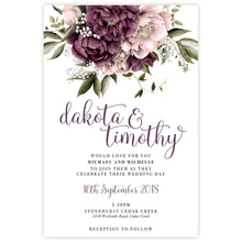 Blushing Marsala Peonie burgundy and dusty pink flowers placed at the top of the wedding invitation