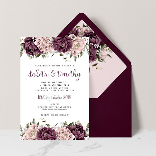 Blushing Marsala Peonie burgundy and dusty pink flowers placed at the top and bottom of the wedding invitation, set with burgundy envelope and matching floral envelope liner