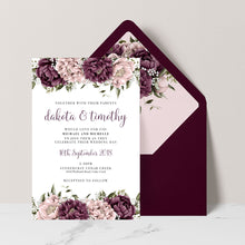 Blushing Marsala Peonie burgundy and dusty pink flowers placed at the top and bottom of the wedding invitation, set with burgundy envelope and matching floral envelope liner