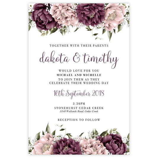 Blushing Marsala Peonie burgundy and dusty pink flowers placed at the top and bottom of the wedding invitation