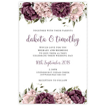 Blushing Marsala Peonie burgundy and dusty pink flowers placed at the top and bottom of the wedding invitation