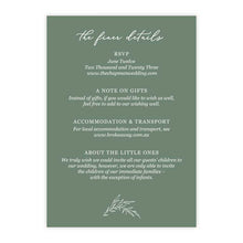 The card reads 'the finer details' and includes RSVP information, accommodation and transport details, a note on gifts, and a small botanical line drawing near the bottom.