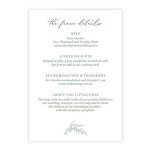 A minimalist wedding invitation card with elegant gren script and serif text on a white background, featuring a delicate green botanical illustration at the bottom.