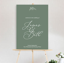 botanical beth wedding welcome sign featuring leaf design and handdrawn font script with a green background on an easel