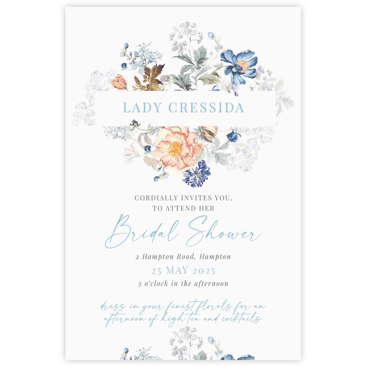 Bridgerton insppired bridal shower invitation with peach and blue florals