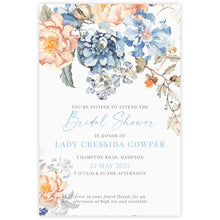 Bridgerton insppired bridal shower invitation with peach and blue floral bouquet