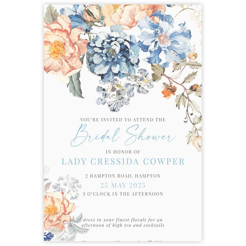 Bridgerton insppired bridal shower invitation with peach and blue floral bouquet