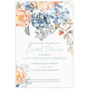 Bridgerton insppired bridal shower invitation with peach and blue floral bouquet
