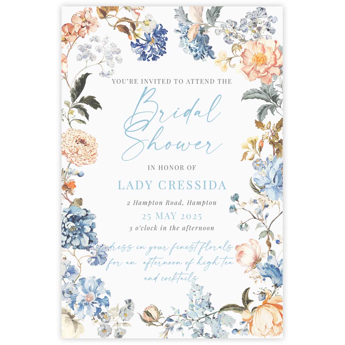 Bridgerton insppired bridal shower invitation with peach and blue florals in a frame