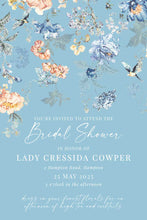 Bridgerton insppired bridal shower invitation with peach and blue florals