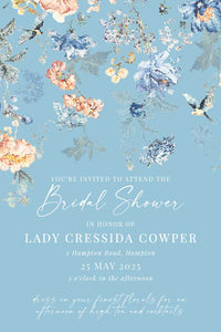 Bridgerton insppired bridal shower invitation with peach and blue florals