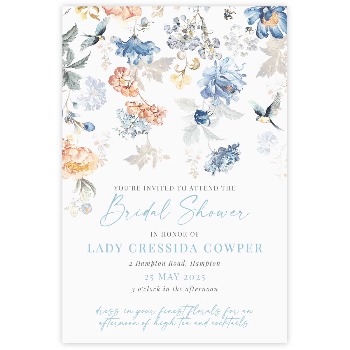Bridgerton insppired bridal shower invitation with peach and blue floral pattern