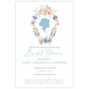 bridgeton inspired bridal shower invitation with peach and blue florals and lady silouette